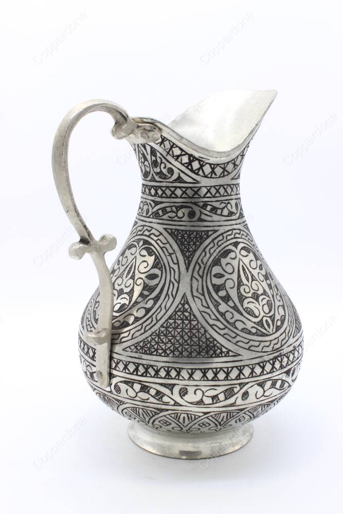 Copperdone Fine Handcrafted Hand Engraved Chisel Work Copper Jug Decanter Antique Silver Color Ottoman Collection 13 - 3