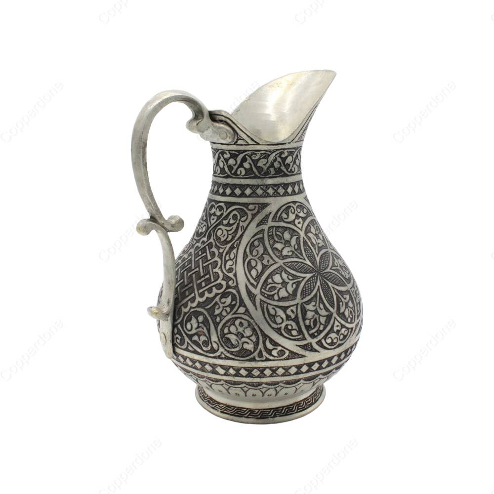 Copperdone Fine Handcrafted Hand Engraved Chisel Work Copper Jug Decanter Antique Silver Color Ottoman Collection 16 - 2