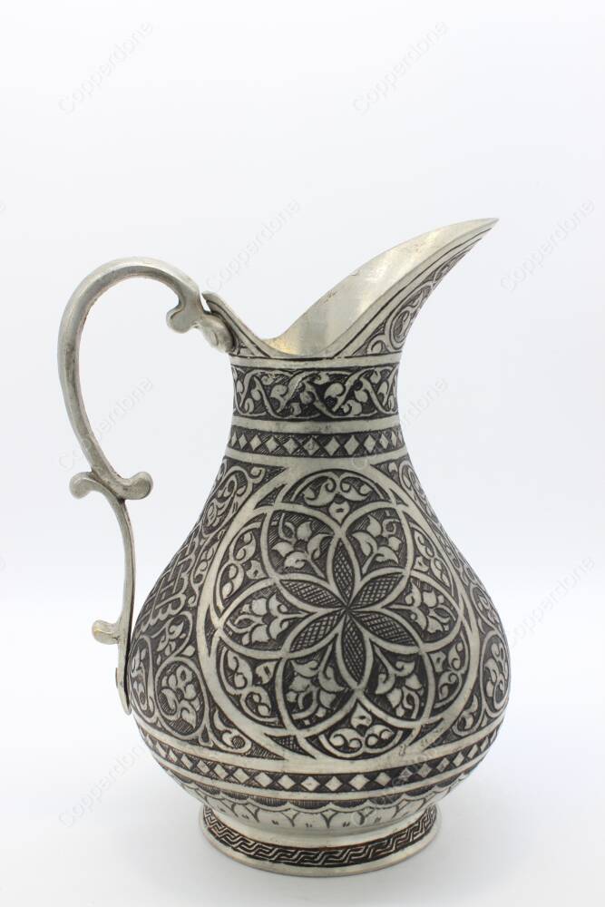 Copperdone Fine Handcrafted Hand Engraved Chisel Work Copper Jug Decanter Antique Silver Color Ottoman Collection 16 - 3