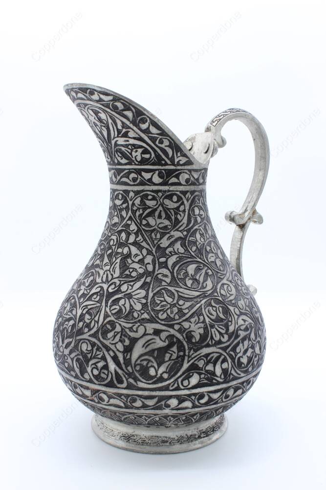 Copperdone Fine Handcrafted Hand Engraved Chisel Work Copper Jug Decanter Antique Silver Color Ottoman Collection 8 - 3