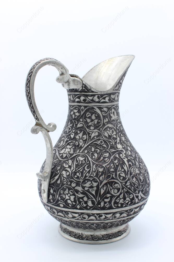 Copperdone Fine Handcrafted Hand Engraved Chisel Work Copper Jug Decanter Antique Silver Color Ottoman Collection 8 - 4