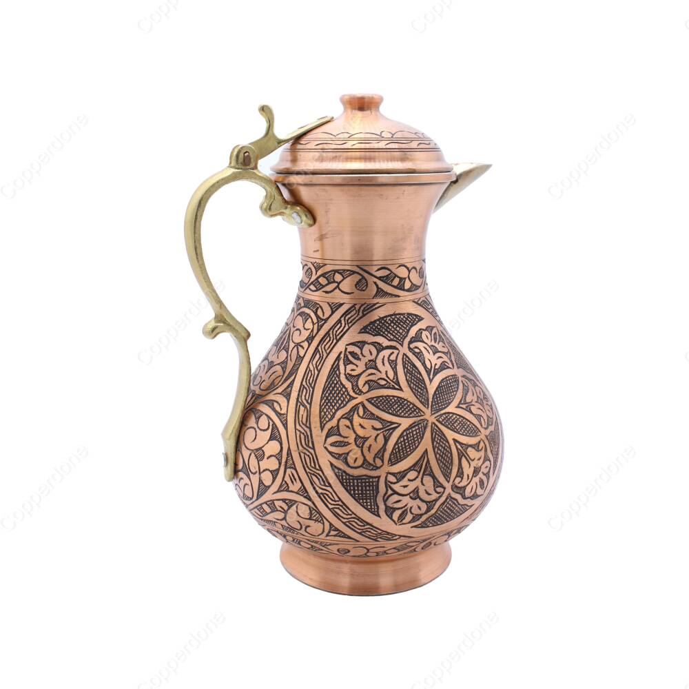 Copperdone Fine Handcrafted Hand Engraved Chisel Work Copper Jug Decanter with Lid Antique Copper Color Anatolia Collection 3 - 2