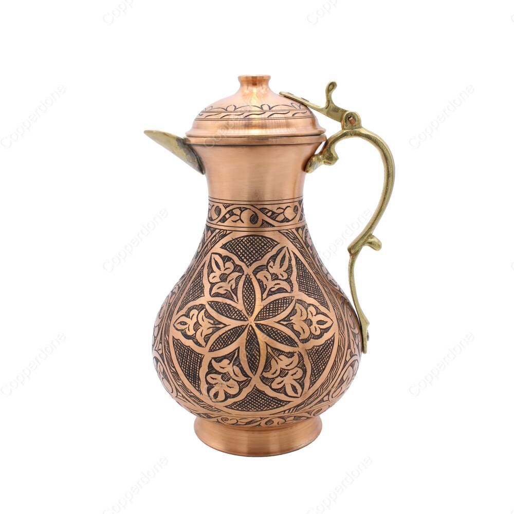 Copperdone Fine Handcrafted Hand Engraved Chisel Work Copper Jug Decanter with Lid Antique Copper Color Anatolia Collection 4 - 1