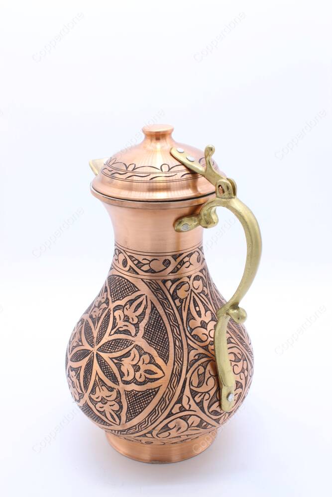 Copperdone Fine Handcrafted Hand Engraved Chisel Work Copper Jug Decanter with Lid Antique Copper Color Anatolia Collection 4 - 3