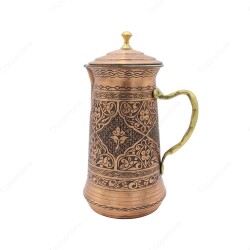 Copperdone Fine Handcrafted Hand Engraved Chisel Work Copper Jug Decanter with Lid Antique Copper Color Assos Collection 1 - 2