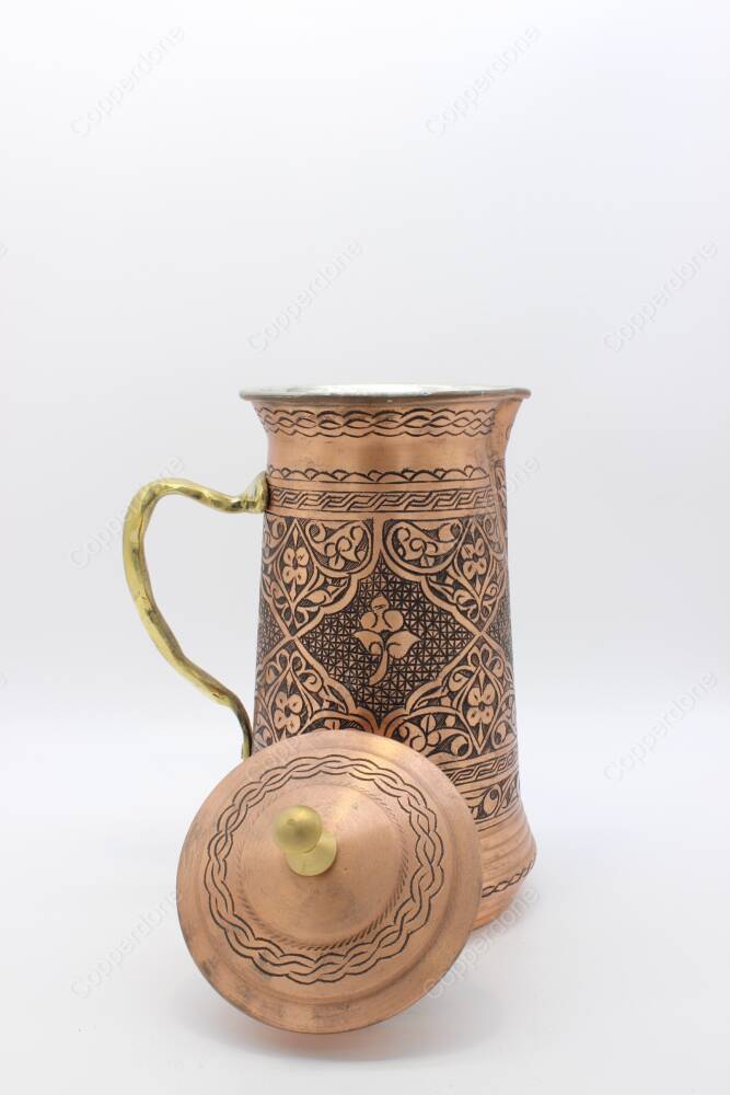 Copperdone Fine Handcrafted Hand Engraved Chisel Work Copper Jug Decanter with Lid Antique Copper Color Assos Collection 1 - 3