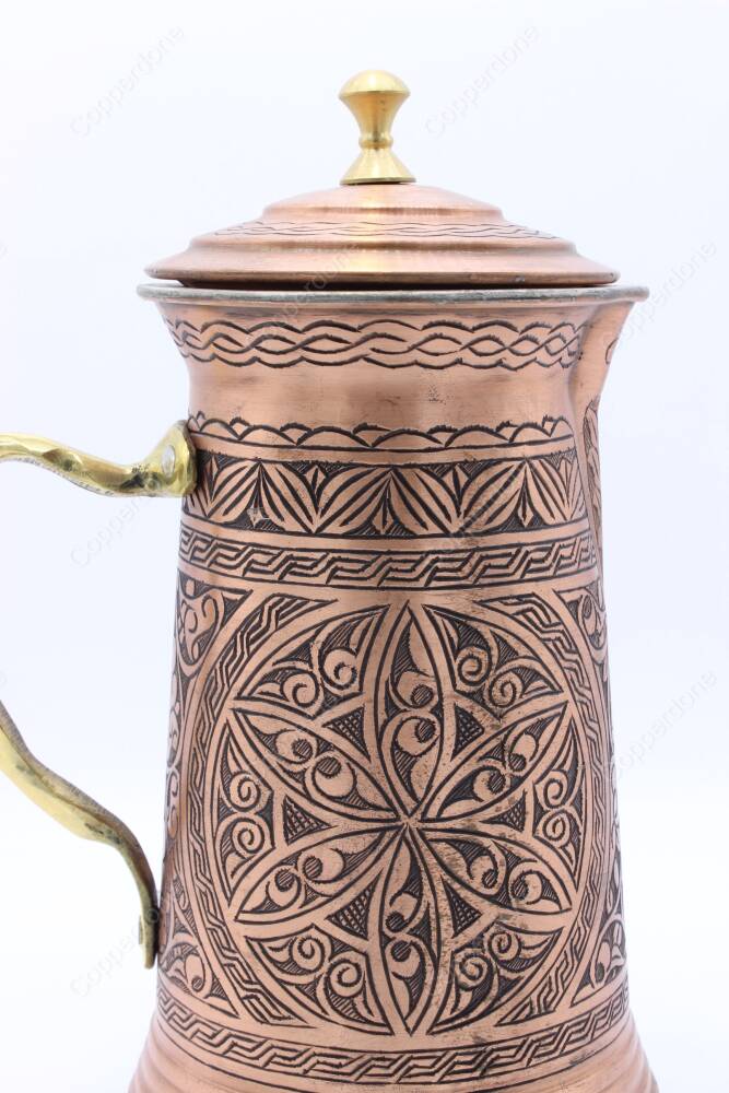 Copperdone Fine Handcrafted Hand Engraved Chisel Work Copper Jug Decanter with Lid Antique Copper Color Assos Collection 3 - 5