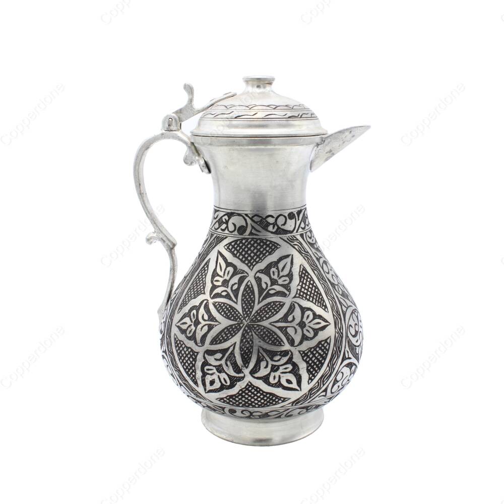 Copperdone Fine Handcrafted Hand Engraved Chisel Work Copper Jug Decanter with Lid Antique Silver Color Anatolia Collection 2 - 2