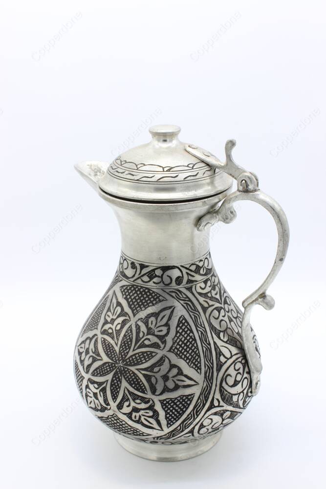 Copperdone Fine Handcrafted Hand Engraved Chisel Work Copper Jug Decanter with Lid Antique Silver Color Anatolia Collection 2 - 5