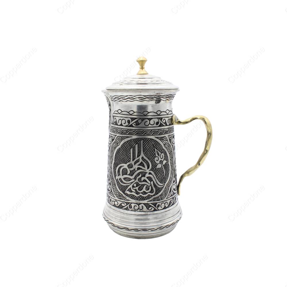 Copperdone Fine Handcrafted Hand Engraved Chisel Work Copper Jug Decanter with Lid Antique Silver Color Assos Collection 1 - 1