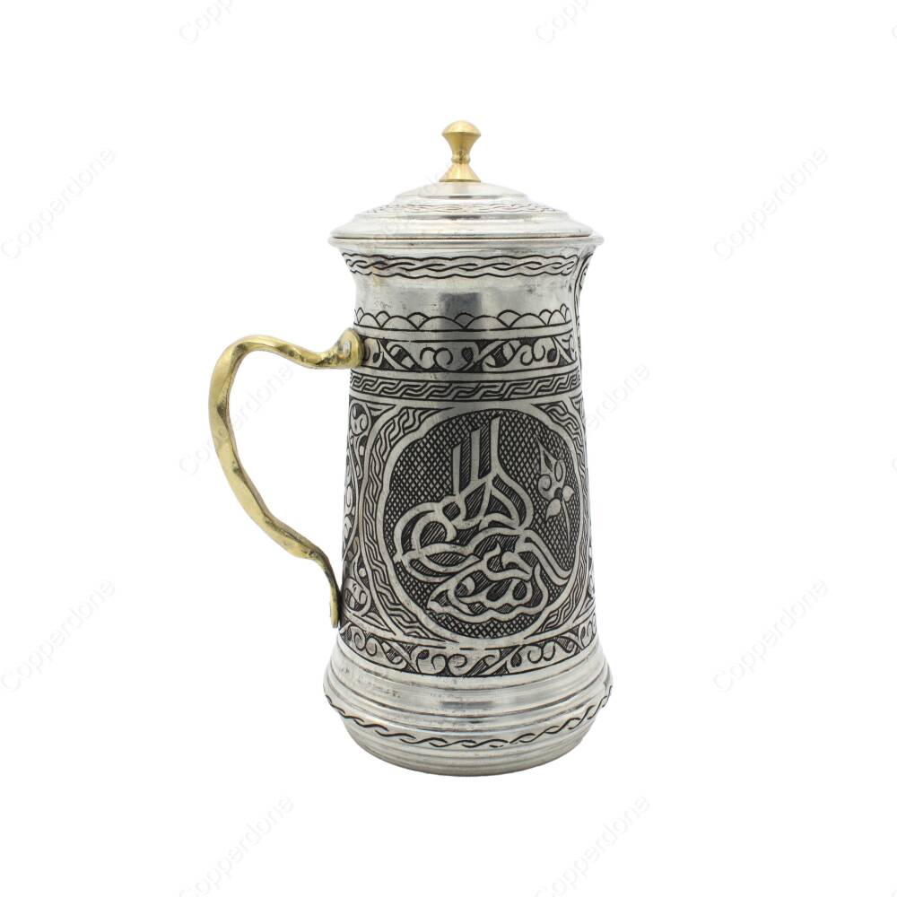 Copperdone Fine Handcrafted Hand Engraved Chisel Work Copper Jug Decanter with Lid Antique Silver Color Assos Collection 1 - 2