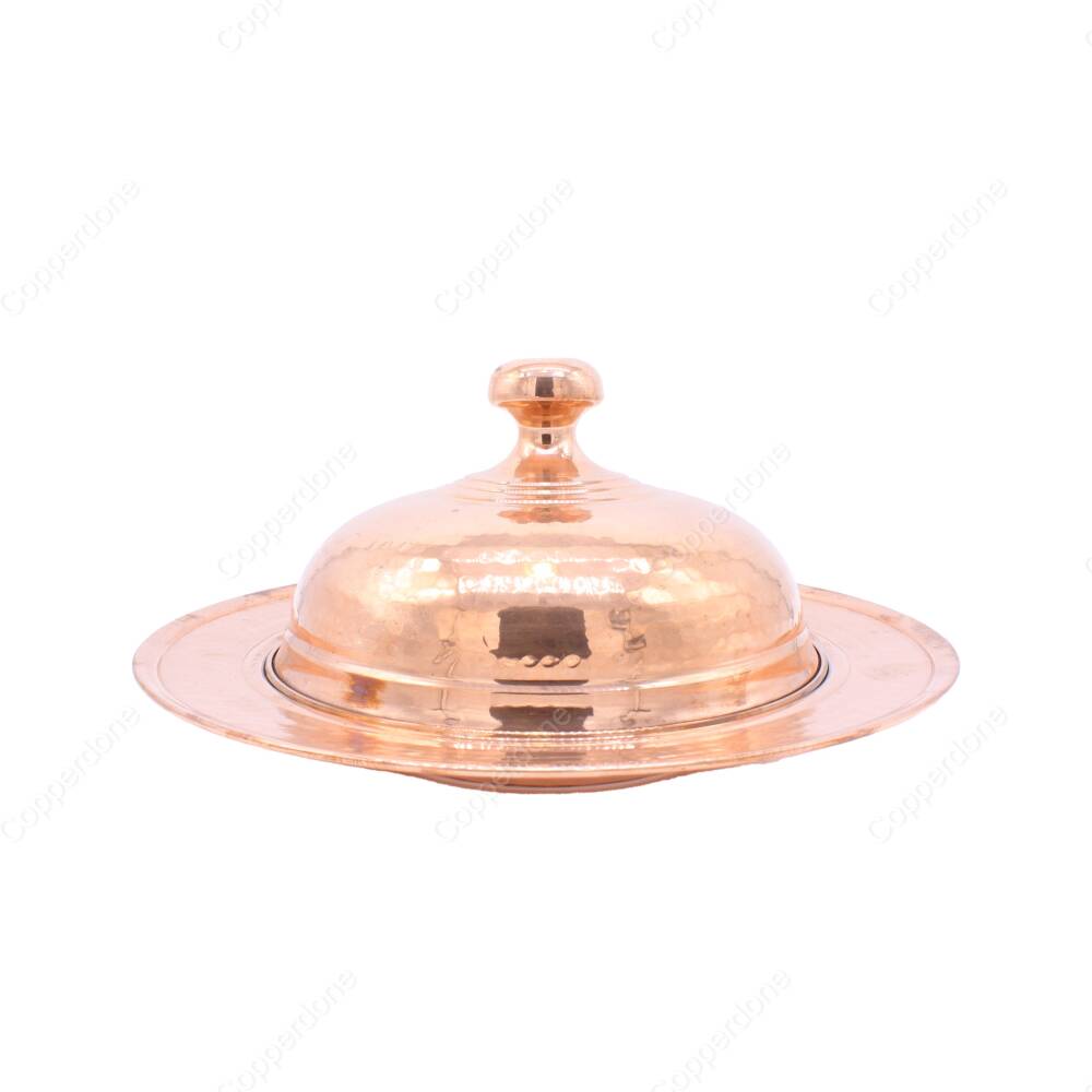 Copperdone Gaziantep Handmade Hand Hammered Turkish Copper Round Shape Serving Plate Platter With Lid Copper Color - 2