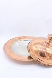 Copperdone Gaziantep Handmade Hand Hammered Turkish Copper Round Shape Serving Plate Platter With Lid Copper Color - 3