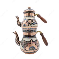 Copperdone Gaziantep Handmade Hand Painted Anatolian Motif Tall Size Turkish Copper Teapot Tea Kettle With Wooden Handle Black - 1