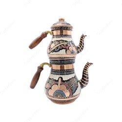 Copperdone Gaziantep Handmade Hand Painted Anatolian Motif Tall Size Turkish Copper Teapot Tea Kettle With Wooden Handle Black - 2