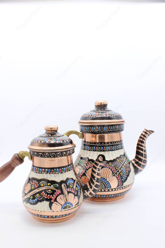 Copperdone Gaziantep Handmade Hand Painted Anatolian Motif Tall Size Turkish Copper Teapot Tea Kettle With Wooden Handle Black - 3