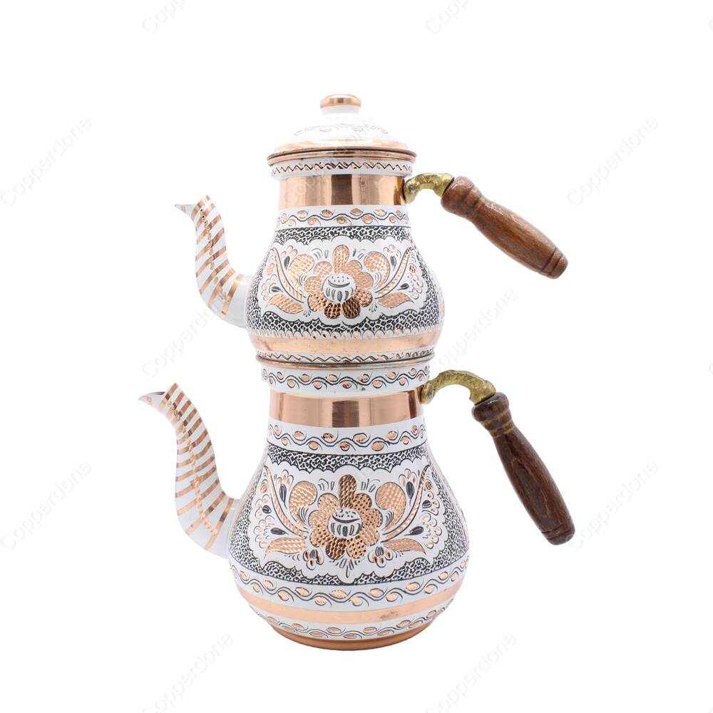 Copperdone Gaziantep Handmade Hand Painted Anatolian Motif Tall Size Turkish Copper Teapot Tea Kettle With Wooden Handle White - 1