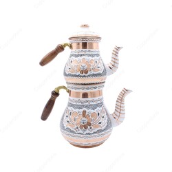 Copperdone Gaziantep Handmade Hand Painted Anatolian Motif Tall Size Turkish Copper Teapot Tea Kettle With Wooden Handle White - 2