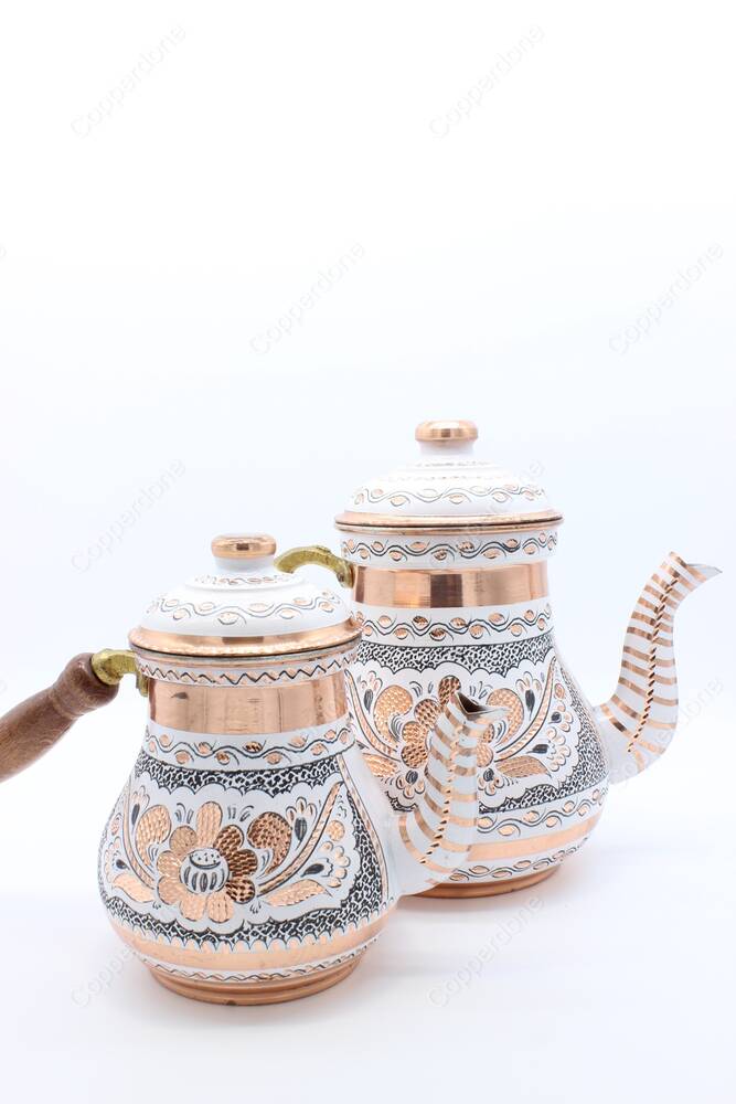 Copperdone Gaziantep Handmade Hand Painted Anatolian Motif Tall Size Turkish Copper Teapot Tea Kettle With Wooden Handle White - 3