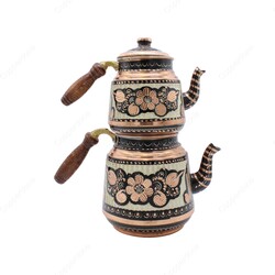 Copperdone Gaziantep Handmade Hand Painted Ottoman Motif Turkish Copper Teapot Tea Kettle With Wooden Handle Black - 2