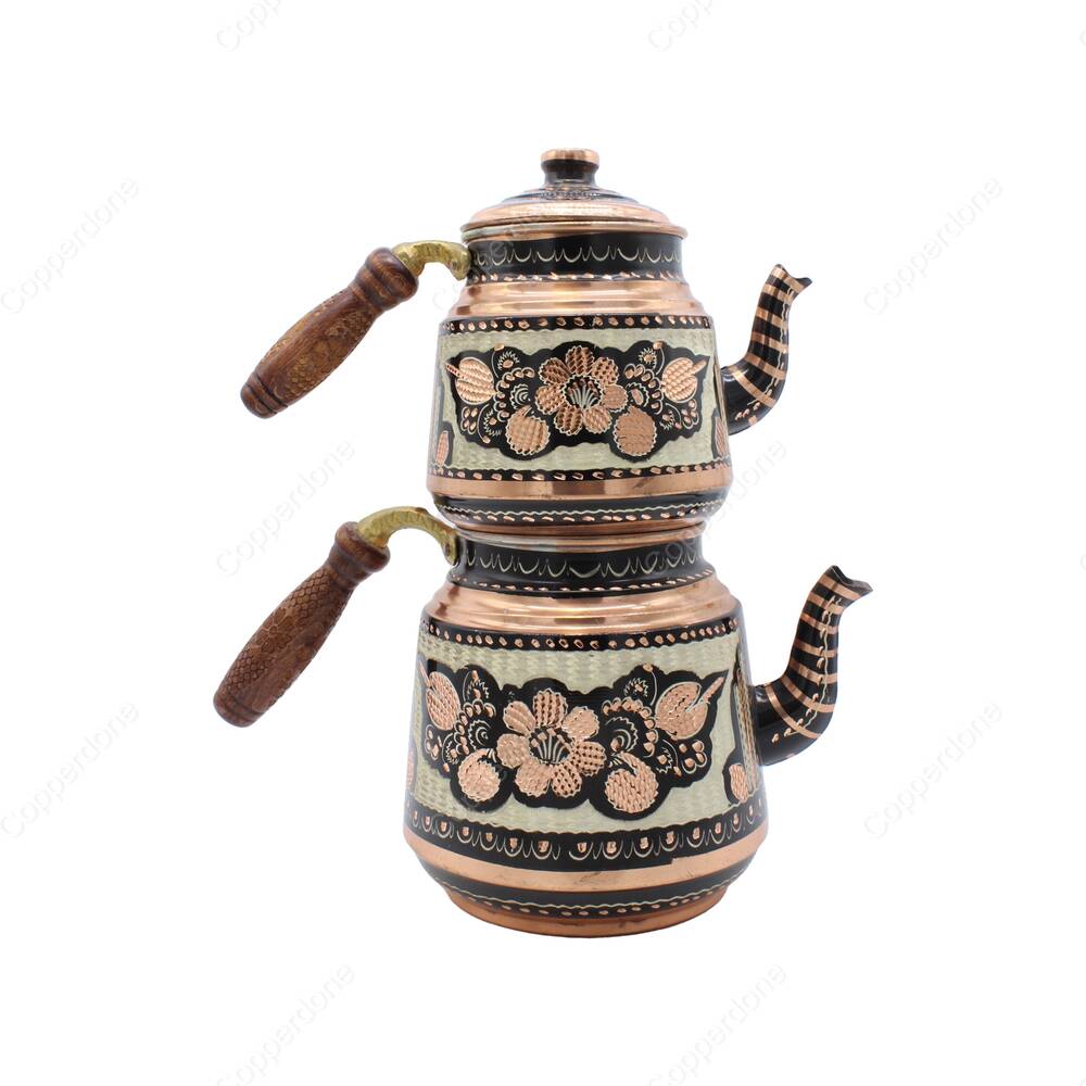 Copperdone Gaziantep Handmade Hand Painted Ottoman Motif Turkish Copper Teapot Tea Kettle With Wooden Handle Black - 2