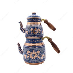 Copperdone Gaziantep Handmade Hand Painted Ottoman Motif Turkish Copper Teapot Tea Kettle With Wooden Handle Blue - 1