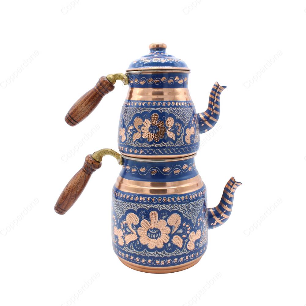 Copperdone Gaziantep Handmade Hand Painted Ottoman Motif Turkish Copper Teapot Tea Kettle With Wooden Handle Blue - 2