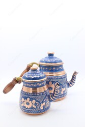 Copperdone Gaziantep Handmade Hand Painted Ottoman Motif Turkish Copper Teapot Tea Kettle With Wooden Handle Blue - 3