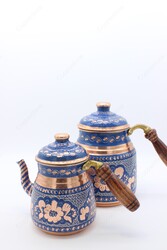 Copperdone Gaziantep Handmade Hand Painted Ottoman Motif Turkish Copper Teapot Tea Kettle With Wooden Handle Blue - 4