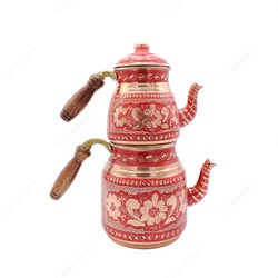 Copperdone Gaziantep Handmade Hand Painted Ottoman Motif Turkish Copper Teapot Tea Kettle With Wooden Handle Red - 1