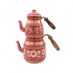 Copperdone Gaziantep Handmade Hand Painted Ottoman Motif Turkish Copper Teapot Tea Kettle With Wooden Handle Red - 2