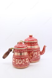 Copperdone Gaziantep Handmade Hand Painted Ottoman Motif Turkish Copper Teapot Tea Kettle With Wooden Handle Red - 3