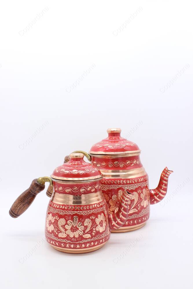 Copperdone Gaziantep Handmade Hand Painted Ottoman Motif Turkish Copper Teapot Tea Kettle With Wooden Handle Red - 3