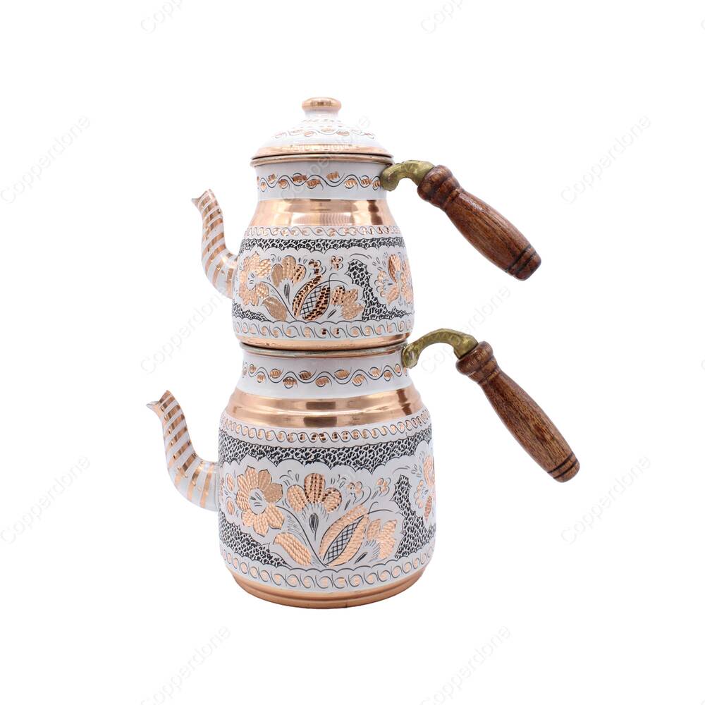 Copperdone Gaziantep Handmade Hand Painted Ottoman Motif Turkish Copper Teapot Tea Kettle With Wooden Handle White - 2