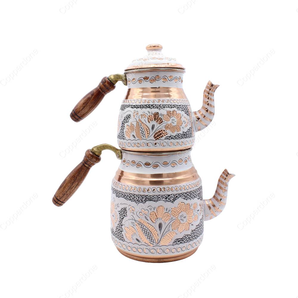 Copperdone Gaziantep Handmade Hand Painted Ottoman Motif Turkish Copper Teapot Tea Kettle With Wooden Handle White - 1