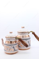 Copperdone Gaziantep Handmade Hand Painted Ottoman Motif Turkish Copper Teapot Tea Kettle With Wooden Handle White - 3