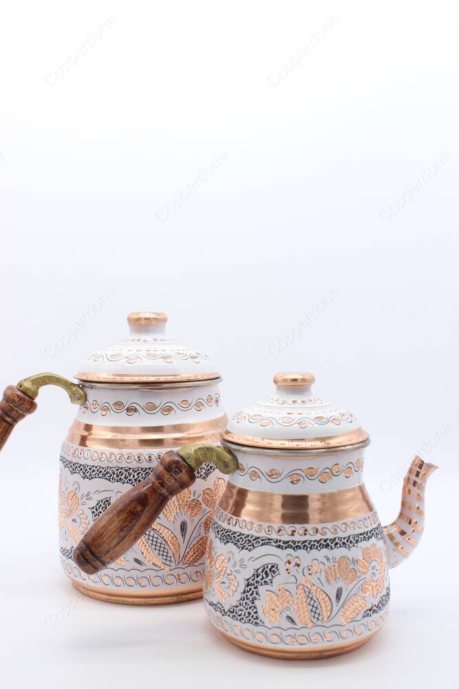 Copperdone Gaziantep Handmade Hand Painted Ottoman Motif Turkish Copper Teapot Tea Kettle With Wooden Handle White - 4