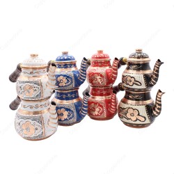 Copperdone Gaziantep Handmade Hand Painted Small Size Turkish Copper Teapot Tea Kettle Set With Wooden Handle - 1