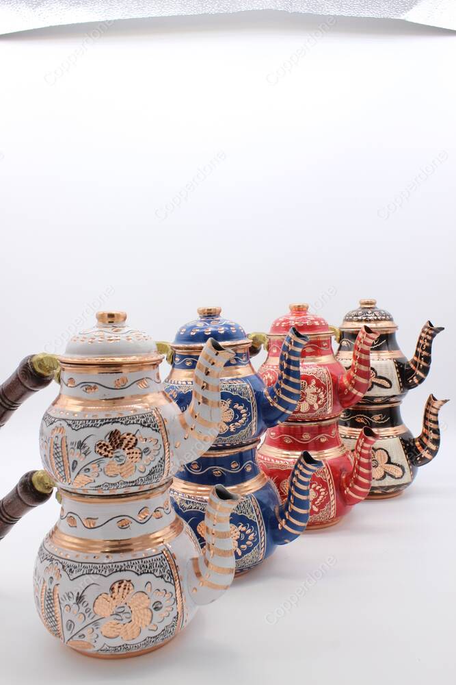 Copperdone Gaziantep Handmade Hand Painted Small Size Turkish Copper Teapot Tea Kettle Set With Wooden Handle - 3