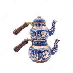 Copperdone Gaziantep Handmade Hand Painted Small Size Turkish Copper Teapot Tea Kettle With Wooden Handle Blue - 1