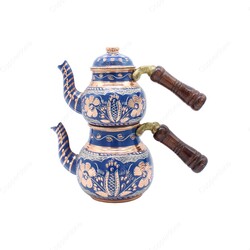 Copperdone Gaziantep Handmade Hand Painted Small Size Turkish Copper Teapot Tea Kettle With Wooden Handle Blue - 2