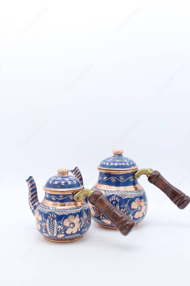 Copperdone Gaziantep Handmade Hand Painted Small Size Turkish Copper Teapot Tea Kettle With Wooden Handle Blue - 3