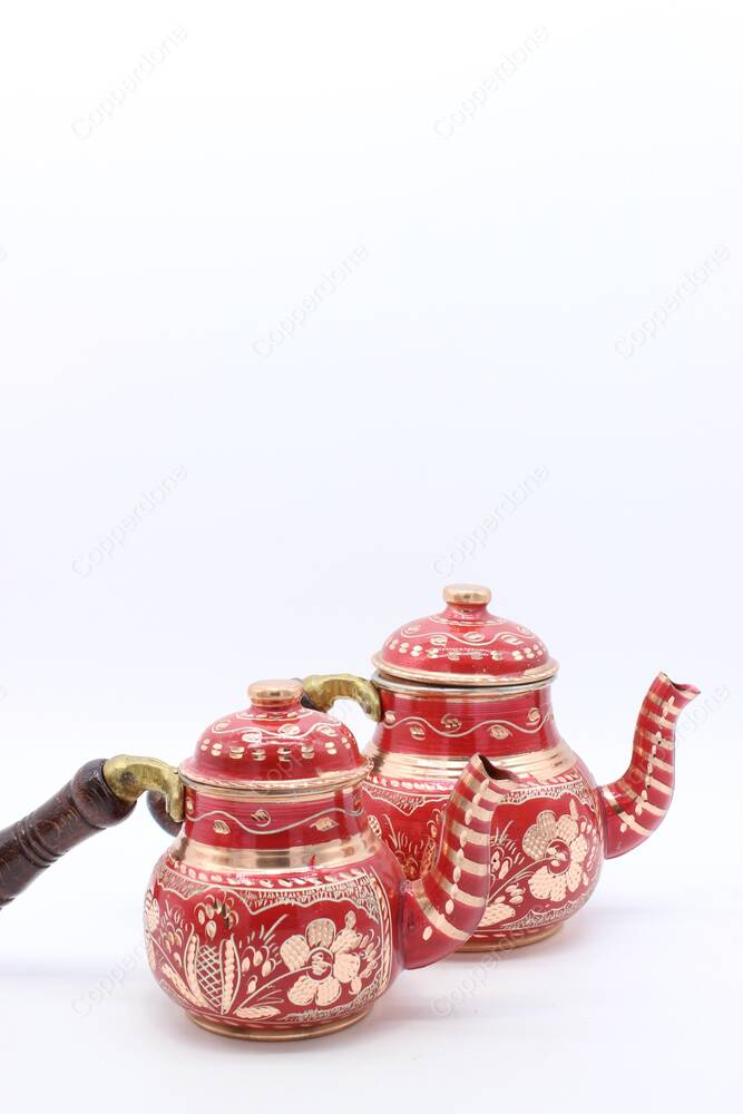 Copperdone Gaziantep Handmade Hand Painted Small Size Turkish Copper Teapot Tea Kettle With Wooden Handle Red - 3