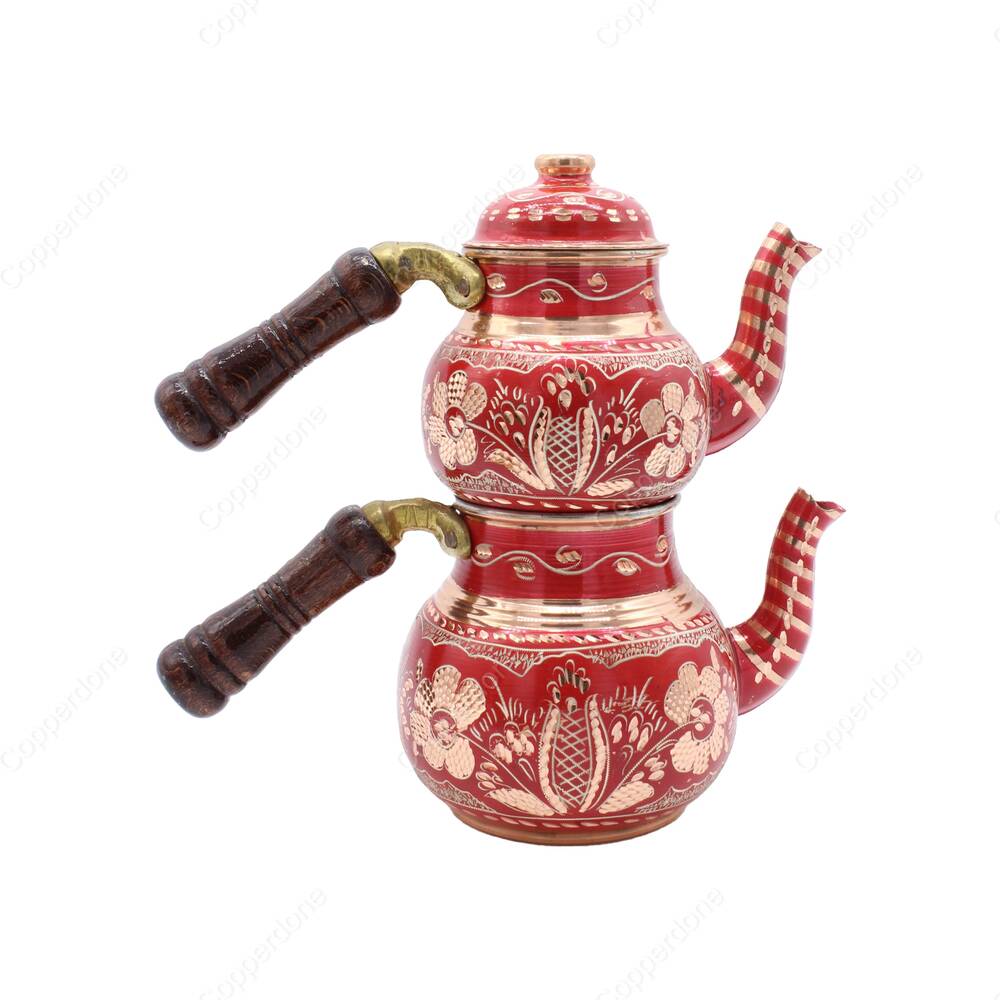 Copperdone Gaziantep Handmade Hand Painted Small Size Turkish Copper Teapot Tea Kettle With Wooden Handle Red - 2