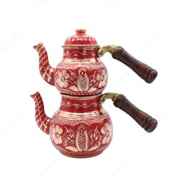 Copperdone Gaziantep Handmade Hand Painted Small Size Turkish Copper Teapot Tea Kettle With Wooden Handle Red - 1