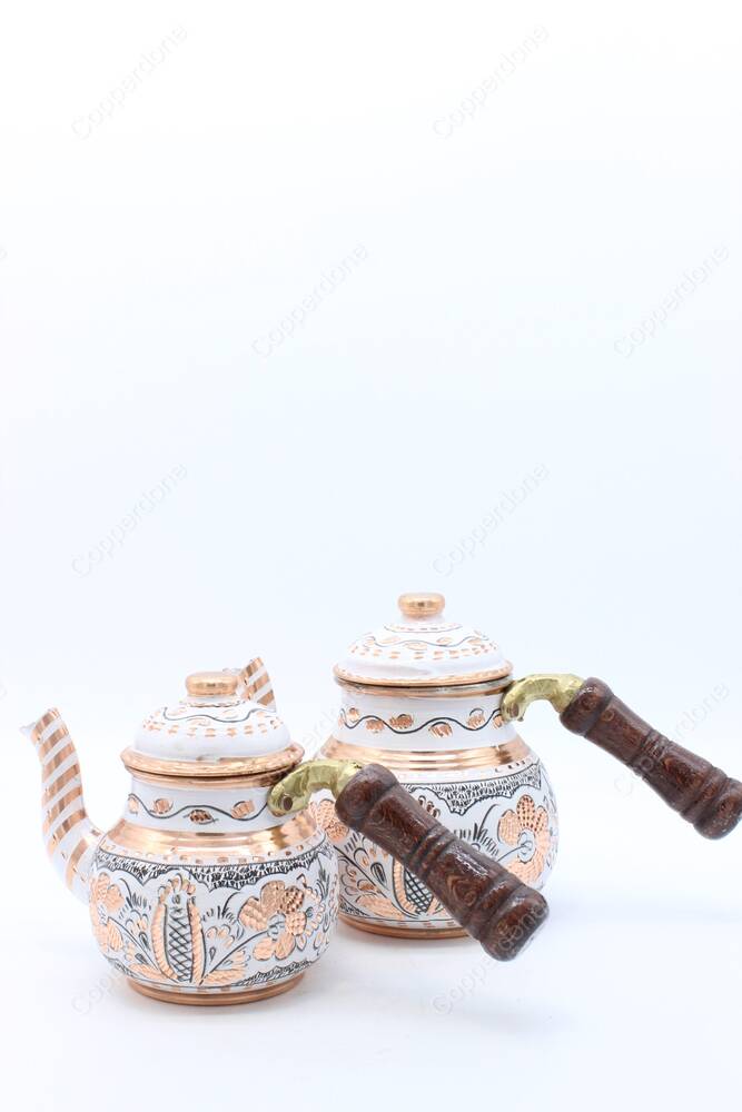 Copperdone Gaziantep Handmade Hand Painted Small Size Turkish Copper Teapot Tea Kettle With Wooden Handle White - 3