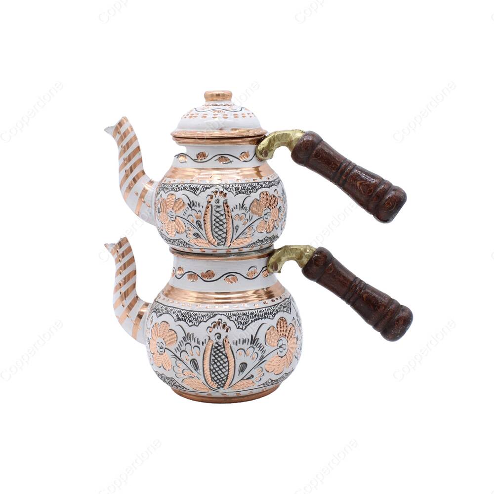 Copperdone Gaziantep Handmade Hand Painted Small Size Turkish Copper Teapot Tea Kettle With Wooden Handle White - 2