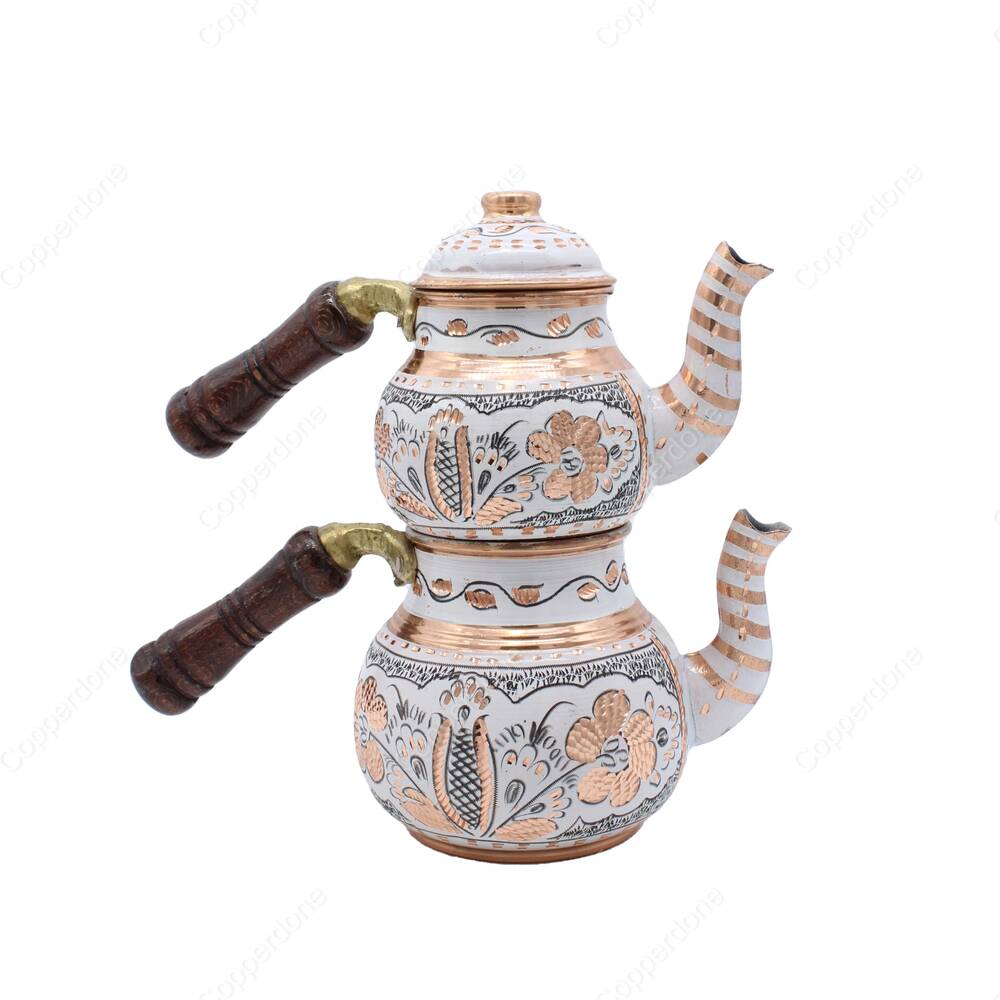 Copperdone Gaziantep Handmade Hand Painted Small Size Turkish Copper Teapot Tea Kettle With Wooden Handle White - 1