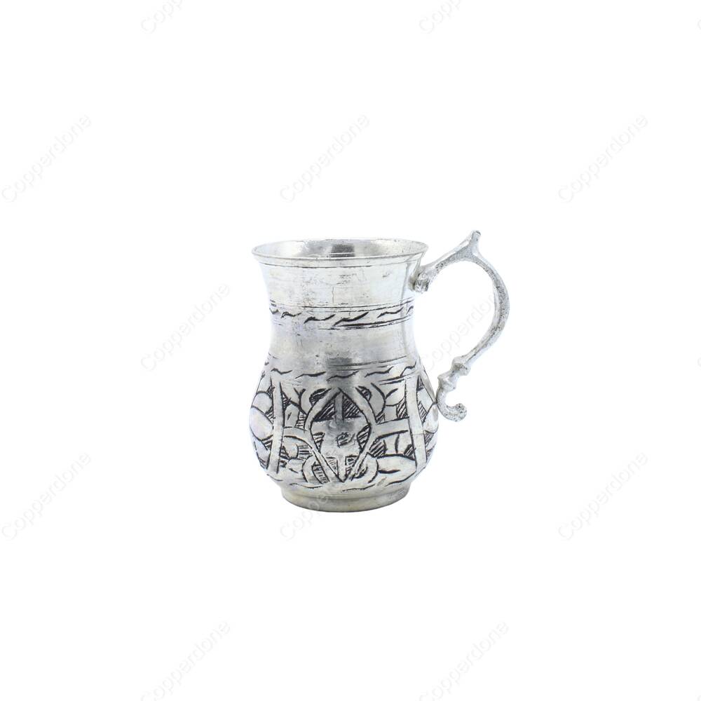 Copperdone Gaziantep Motif Handcrafted Chisel Work Turkish Copper Mug Masrapa Cup Antique Silver Color - 2