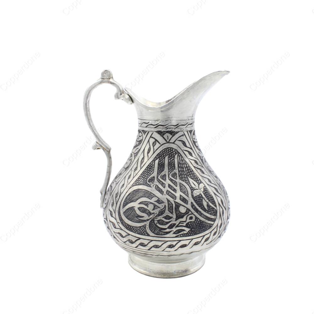 Copperdone Gaziantep Style Handmade Hand Engraved Chisel Work Copper Jug Decanter Antique Silver Color - 1